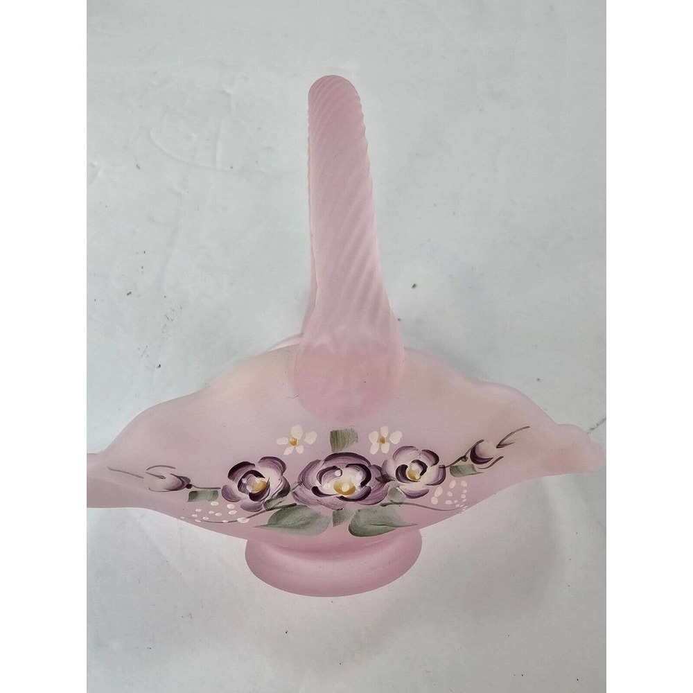 2001 Fenton Hand Painted Pink Chiffon Opalescent Satin Mini Basket S. Miller